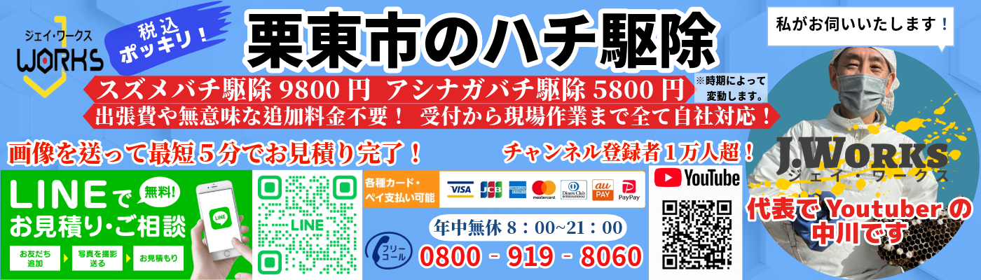 栗東市のハチ駆除スズメバチ9800円アシナガバチ5800円【税込ポッキリ】は地元密着のハチ駆除「ジェイ・ワークス」